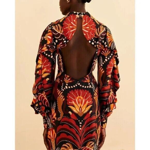 New FARM Rio Midi Dresses RED NATURE BEAUTY SCARF BACKLESS MIDI DRESS Sz Medium - Picture 3 of 6